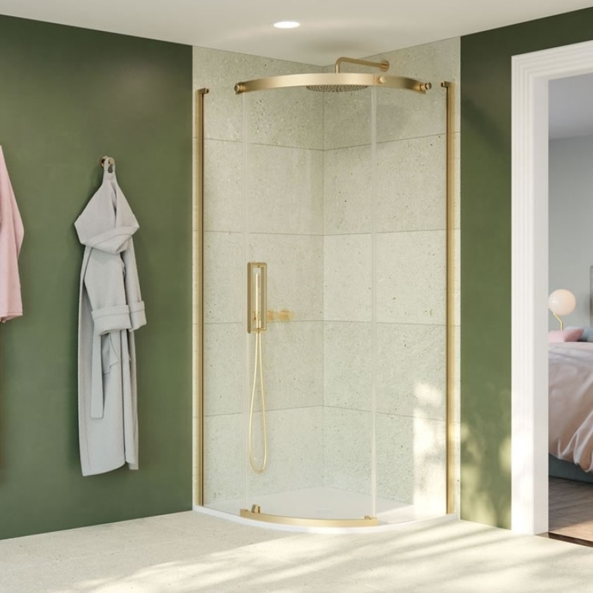 Lifestyle image of Crosswater Optix 10 Brushed Brass Quadrant Shower Enclosure